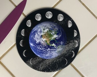 Earth and Lunar Phases Glass Cutting Board