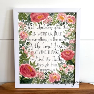 Colosenses 3:17 Escritura Descarga Arte digital de acuarela floral Dando gracias Biblia Peonía floral rosa Letras a mano Flor silvestre Imprimible