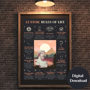 12 Stoic Rules of Life Poster - Inspirational Wall Art - Stoic Philosophy Print - Motivational Quote - Modern Minimalist Decor