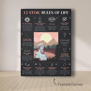 May include: A black and white poster with 12 Stoic rules of life. Each rule is presented in a separate box with a number, a symbol, and a quote. The poster features a bust of a man with a beard and a background of a sunset over a lake.