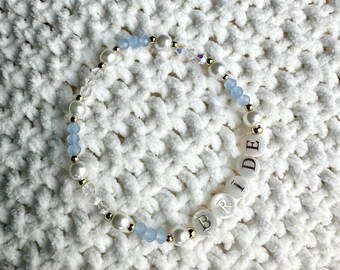 Bride -Something Blue- 14K Plated Pearl Beaded Bracelet | Bachelorette | Bride to be bracelet | Wedding | Blue| Handmade Jewelry