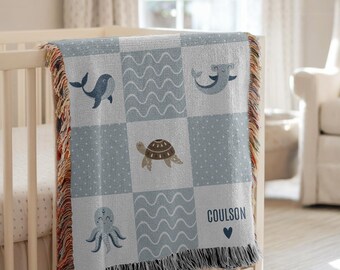 Personalized baby blanket  with name Ocean woven blanket  Sea animals nursery decor Baby shower gift for baby name blanket Newborn keepsake