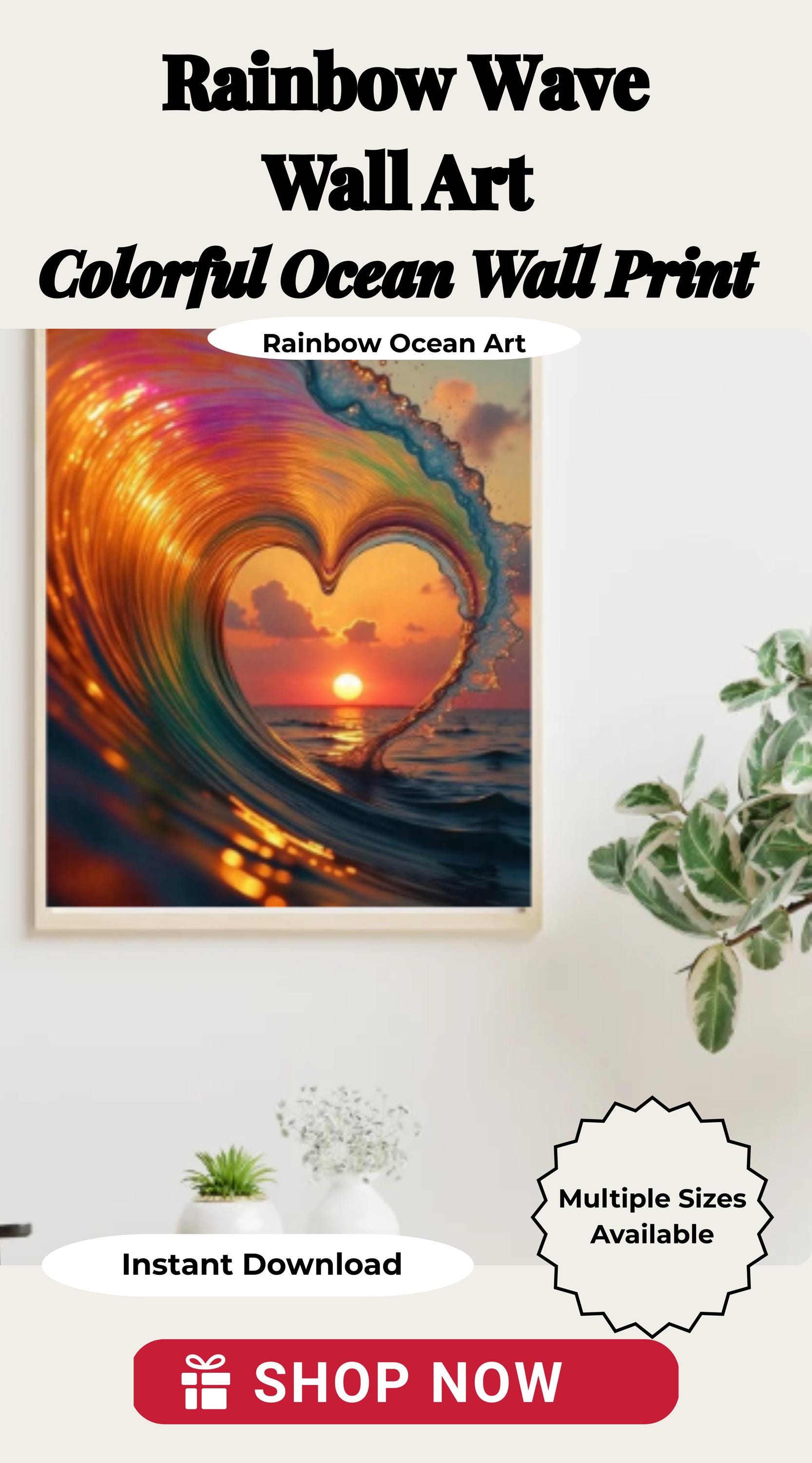 Ocean Wave Heart Sunset Wall Art Beach Home Design Coastal Digital ...