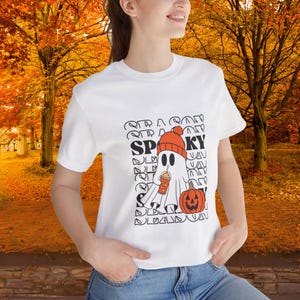 Spooky Ghost T-Shirt Unisex Halloween Tee Cute Creepy Spirit Shirt Soft Cotton Short Sleeve Funny Ghost Graphic Goth Gift