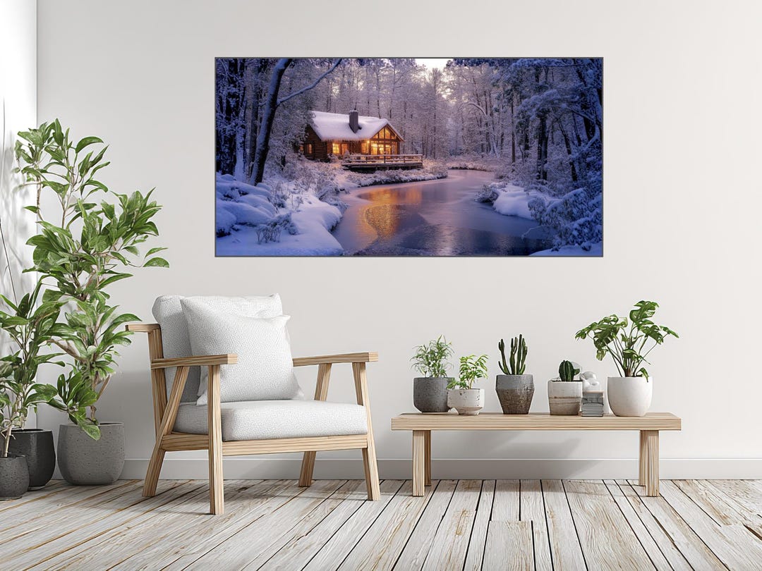 Winter Cabin Wall Art Printable Snowy Forest River Landscape Cozy ...