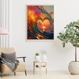 Impresión digital de ondas arcoíris con forma de corazón bohemio, decoración de pared imprimible, arte moderno colorido para guardería, habitación infantil, sala de estar, descarga instantánea