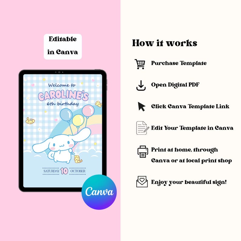 Cinnamon Roll Editable Sign, Anime Pup Birthday Poster