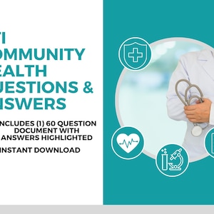 May include: A teal and white graphic with the text "ATI COMMUNITY HEALTH QUESTIONS & ANSWERS." The image includes icons of a heart, a medical cross, a clipboard, and a microscope. A doctor in a white coat holds a stethoscope.