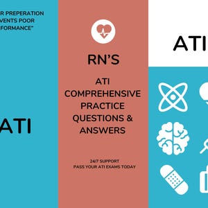 Puede incluir: Un gráfico rosa y blanco con el texto "ATI RN'S ATI COMPREHENSIVE PRACTICE QUESTIONS & ANSWERS 24/7 SUPPORT PASS YOUR ATI EXAMS TODAY" y el texto "ATI" en un cuadro azul. El gráfico también incluye iconos de un corazón, un cerebro, una jeringa, una venda y un botiquín de primeros auxilios.