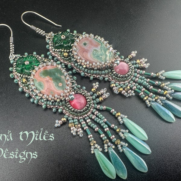 Ocean Jasper Bead Embroidery Statement Earrings - Long Length - Handcrafted Artisan Jewelry - One of a Kind - OOAK