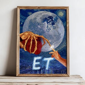 Puede incluir: Una pintura de ET el extraterrestre tendiéndole la mano a un dedo humano, con una gran luna y estrellas en el fondo. La pintura está en el estilo de La Noche Estrellada de Vincent van Gogh.