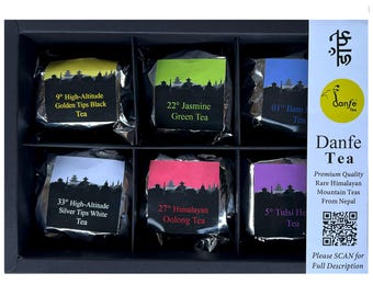 May include: A black gift box with six individual tea packages inside. Each package has a colorful label with the name and type of tea. The tea types are: 9° High-Altitude Golden Tips Black Tea, 22° Jasmine Green Tea, 01° llam Tea, 33° High-Altitude Silver Tips White Tea, 27° Himalayan Oolong Tea, and 5° Tulsi He Tea. The box also has a label with the text "Danfe Tea" and a QR code.