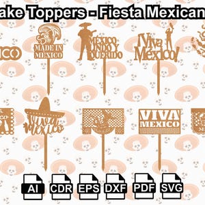 Puede incluir: Un conjunto de 10 adornos para tartas con diseños de temática mexicana. Los adornos están hechos de madera y presentan varios diseños, incluyendo un corazón con las palabras "Me encanta México", un sombrero y un cartel que dice "Viva México". Los adornos están disponibles en los formatos AI, CDR, EPS, DXF, PDF y SVG.