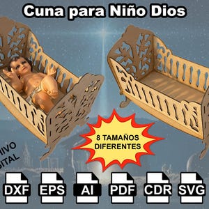 Puede incluir: Dos cunas de madera, una con una figura de bebé, se muestran sobre un fondo estrellado. Las cunas tienen cortes decorativos. El texto incluye "Cuna para Niño Dios", "Archivo Digital" y "8 Tamaños Diferentes", junto con iconos de tipo de archivo.