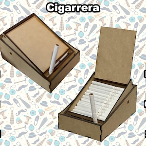 Puede incluir: Dos pitilleras de madera, una cerrada y otra abierta, que muestran cigarrillos. La palabra "Cigarrera" está en la parte superior. El fondo tiene un patrón de corbatas, bigotes y sombreros. Los iconos de tipo de archivo están a la izquierda y a la derecha.