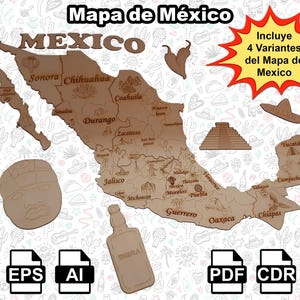 Puede incluir: Un mapa de madera de México con nombres de estados, iconos y el texto "Mapa de México". Incluye un cactus, una botella de tequila, una pirámide y un sombrero. Disponible en formatos DXF, EPS, AI, PDF, CDR y SVG.
