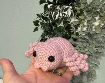 May include: A pink crocheted plush toy shaped like a pill bug. The toy has two black eyes and is sitting in a person's hand.