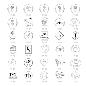 May include: A collection of 30 black and white illustrations of pottery designs. The designs include a variety of shapes, sizes, and patterns, including flowers, animals, hearts, and geometric shapes. Each design is labeled with a unique identifier, such as "TY-61" or "TY-85".