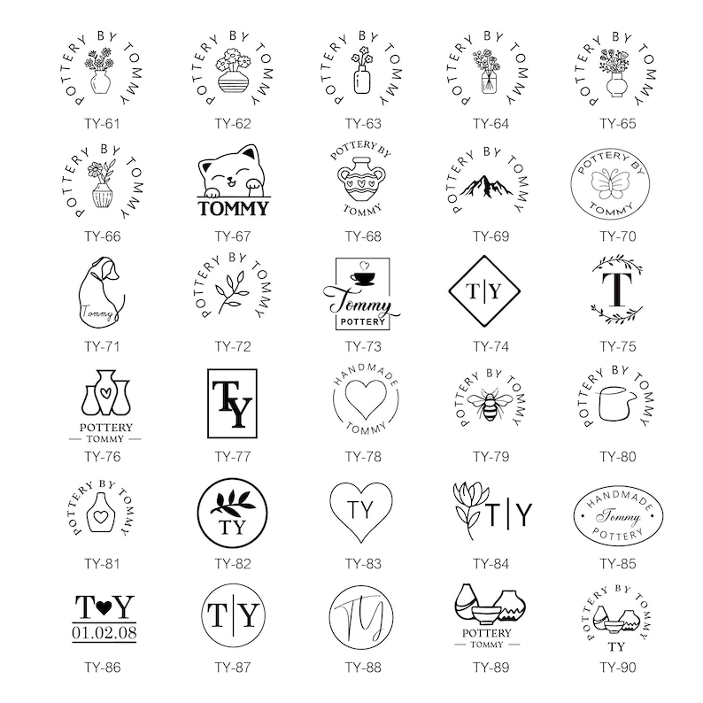May include: A collection of 30 black and white illustrations of pottery designs. The designs include a variety of shapes, sizes, and patterns, including flowers, animals, hearts, and geometric shapes. Each design is labeled with a unique identifier, such as "TY-61" or "TY-85".