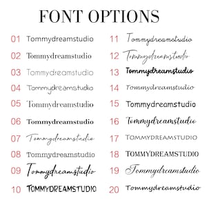 May include: A list of 20 font options for the name "Tommydreamstudio" in various styles, including handwritten, all caps, and a mix of upper and lowercase letters.