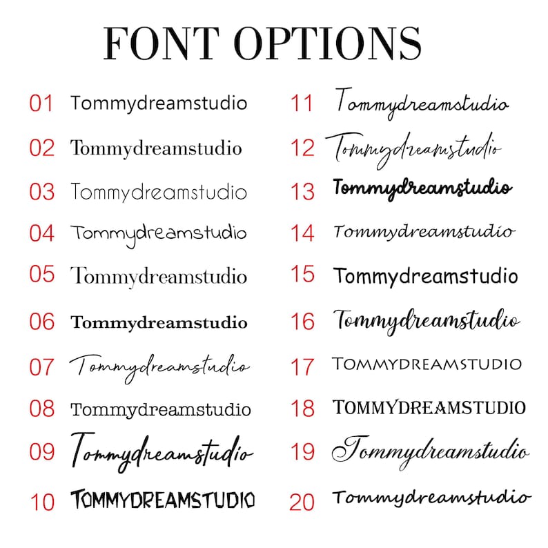 May include: A list of 20 font options for the name "Tommydreamstudio" in various styles, including handwritten, all caps, and a mix of upper and lowercase letters.
