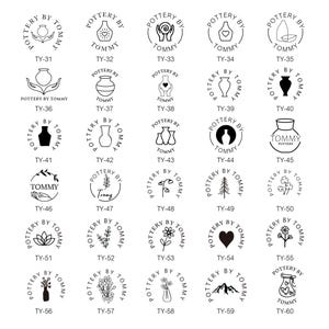 May include: Sixty black and white stamp designs featuring various pottery-themed illustrations. Each stamp is circular and includes the text "Pottery by Tommy" or "Tommy Pottery".