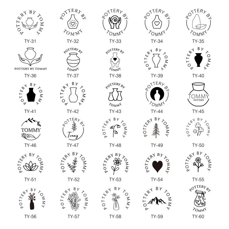 May include: Sixty black and white stamp designs featuring various pottery-themed illustrations. Each stamp is circular and includes the text "Pottery by Tommy" or "Tommy Pottery".