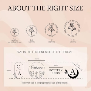 May include: A guide to choosing the right size for custom rubber stamps. The image shows four different stamp sizes with measurements in inches and millimeters. The text "SIZE IS THE LONGEST SIDE OF THE DESIGN" is also included.