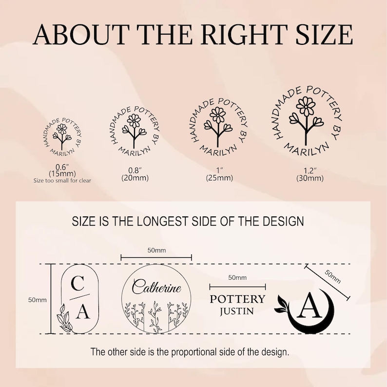 May include: A guide to choosing the right size for custom rubber stamps. The image shows four different stamp sizes with measurements in inches and millimeters. The text "SIZE IS THE LONGEST SIDE OF THE DESIGN" is also included.