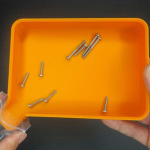 May include: An orange plastic parts tray with several silver screws inside. The tray has a small spout on one side and is being held by two hands. The screws are of varying sizes and are scattered within the tray.