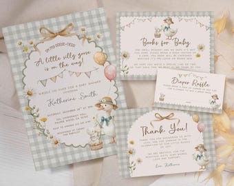Peut inclure: Ensemble de faire-part et cartes de baby shower sur le thème de l'oie. L'invitation principale affiche le texte "Oh my goose-ness, a little silly goose is on the way !" et est ornée de marguerites et de ballons.