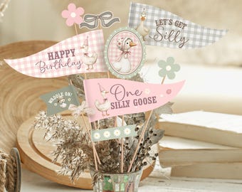 Silly Goose Birthday Pennants | Party Centerpiece Decorations (Editable Canva Template)