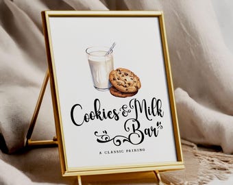 Może przedstawiać: Złota ramka z napisem "Cookies & Milk Bar" w eleganckiej czcionce. Znak zawiera akwarelową ilustrację szklanki mleka, słomki i dwóch ciasteczek z kawałkami czekolady. Poniżej znajduje się tekst "A Classic Pairing".