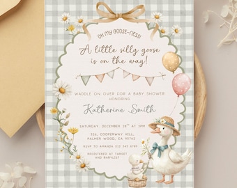 Peut inclure: Invitation de baby shower avec un design fantaisiste. L'invitation présente une illustration d'oie, des marguerites et le texte "A little silly goose is on the way!". L'invitation est décorée de ballons et d'un nœud.