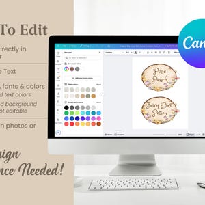 May include: A computer monitor displays a Canva design with two oval labels. The labels read "Pixie Punch" and "Fairy Dust Potion" in a whimsical font. The screen also shows color options. Text on the left says "Easy To Edit".