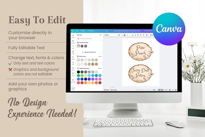 May include: A computer monitor displays a Canva design with two oval labels. The labels read "Pixie Punch" and "Fairy Dust Potion" in a whimsical font. The screen also shows color options. Text on the left says "Easy To Edit".