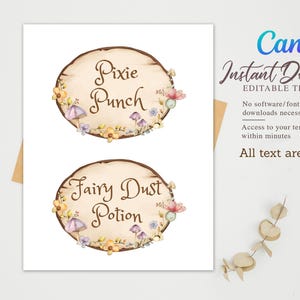 May include: A Canva instant download template featuring two wooden-style signs with the text "Pixie Punch" and "Fairy Dust Potion". The signs are decorated with watercolor illustrations of mushrooms and flowers. The template is editable.