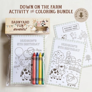 Può includere: Un pacchetto di attività e colorazione a tema fattoria. Il pacchetto include pagine da colorare con animali della fattoria, pastelli e un cruciverba. Il testo sulle pagine da colorare recita "Hudson's 5th Birthday".