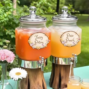 May include: Two glass beverage dispensers filled with orange and yellow liquid, labeled "Fairy Potion" and "Pixie Punch." Each dispenser has a silver lid and spigot, and sits on a wooden base. A vase of pink roses and a white daisy are in the foreground.
