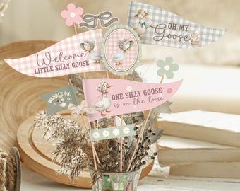 Silly Goose Baby Shower Pennants | Printable Party Decorations (Canva Template)