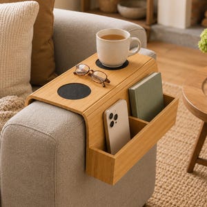 Housewarming Gift, Wooden Sofa Table, Engraved Sofa Armrest Desk, Space Saving, Home Decor, for Dessert, Drink, Remotes and More