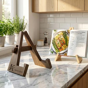 Peut inclure: Deux chevalets de cuisine en bois sur un comptoir en marbre. L'un est incliné, avec le nom "Kate" et la date "Est 01.12.23" gravés. L'autre supporte un livre de cuisine ouvert avec une recette de saumon aux agrumes méditerranéens.