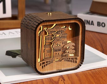 Fathers Day Gift Custom Wooden Pagoda Engraved 3D Night Light Music Box LED Lamp Wooden Anime Music Box Ghibli Gift Anniversary Gift for Her