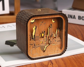 Fathers Day Gift Custom Wooden Magic School Engraved 3D Night Light Music Box LED Lamp Wooden Anime Music Box Gift Anniversary Gift for Her