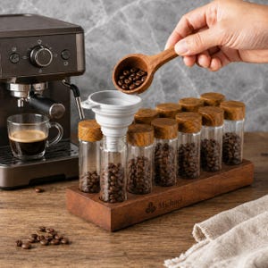 Könnte beinhalten: Ein Holzständer mit acht mit Kaffeebohnen gefüllten Glasbehältern, die jeweils mit einem Holzdeckel versehen sind. Ein weißer Silikontrichter sitzt auf einem Glas, während ein Holzlöffel Bohnen hineinschüttet. Links ist eine Espressomaschine zu sehen.