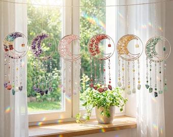 Atrapasueños colgante de cristal lunar hecho a mano para el Día de la Madre, árbol de la vida de cristal curativo de piedra lunar, luna creciente, decoración bohemia para el hogar, amatista