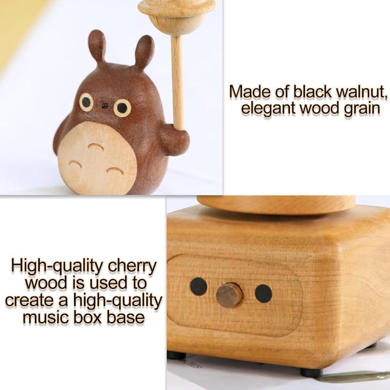 May include: A wooden music box with a brown cartoon character holding a star. The music box is made of black walnut and cherry wood. The text "Made of black walnut, elegant wood grain" and "High-quality cherry wood is used to create a high-quality music box base" is visible in the image.