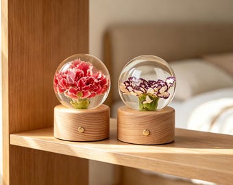 Regalo de cumpleaños único, lámpara de clavel morado y rosa, hermosa artesanía de resina, lámpara decorativa de clavel, clavel real en el interior, decoración del hogar