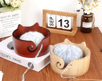 Cuenco de lana de madera con forma de oreja de gato, regalo para el Día de la Madre. Soporte para tejer a crochet, un bonito regalo de gato para tejedores, regalo de Navidad hecho a mano para amantes del hilo.