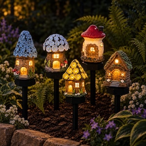 Solar Fairy House Garden Stake Light,Cute Glowing Mushroom,Waterproof Outdoor Stake Light,Whimsical Yard Art,Fairy Village Set,Unique Garden